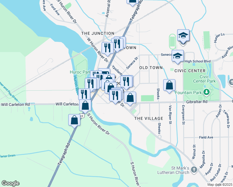 map of restaurants, bars, coffee shops, grocery stores, and more near 28758 Church Street in Flat Rock