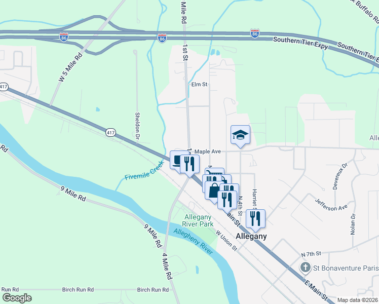 map of restaurants, bars, coffee shops, grocery stores, and more near 1st Street in Allegany