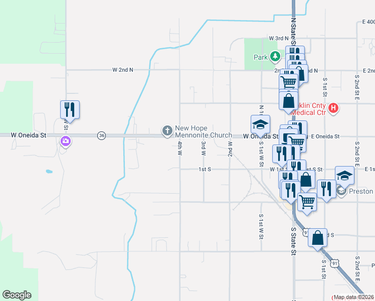 map of restaurants, bars, coffee shops, grocery stores, and more near 49 South 4th West Street in Preston
