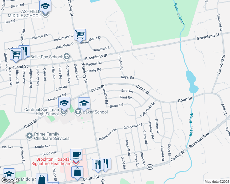 map of restaurants, bars, coffee shops, grocery stores, and more near 81 Errol Road in Brockton