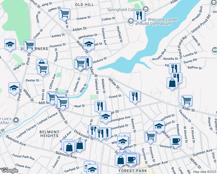 map of restaurants, bars, coffee shops, grocery stores, and more near 26 White Street in Springfield