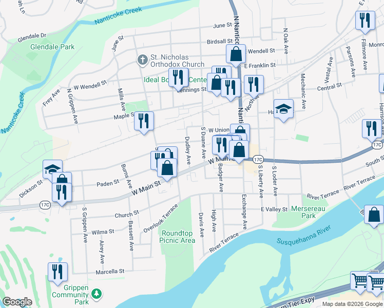 map of restaurants, bars, coffee shops, grocery stores, and more near 205 Dudley Avenue in Endicott