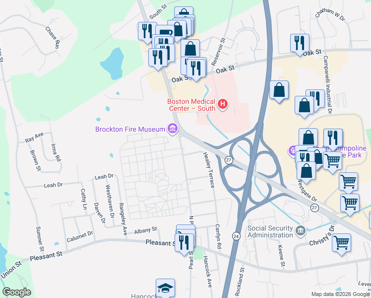 map of restaurants, bars, coffee shops, grocery stores, and more near 216 North Pearl Street in Brockton