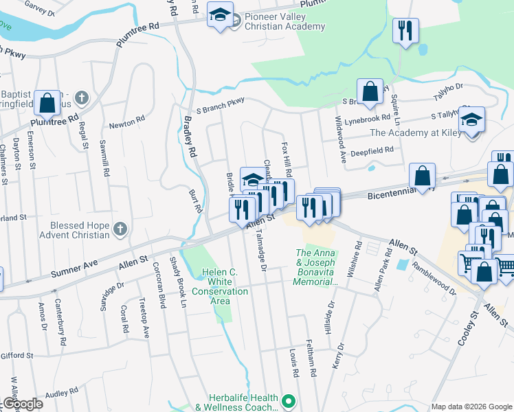 map of restaurants, bars, coffee shops, grocery stores, and more near 1395 Allen Street in Springfield