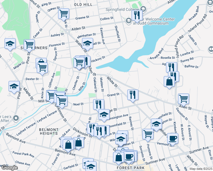 map of restaurants, bars, coffee shops, grocery stores, and more near 26 White Street in Springfield