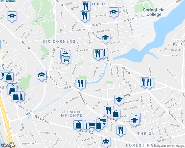map of restaurants, bars, coffee shops, grocery stores, and more near 482b Hancock Street in Springfield