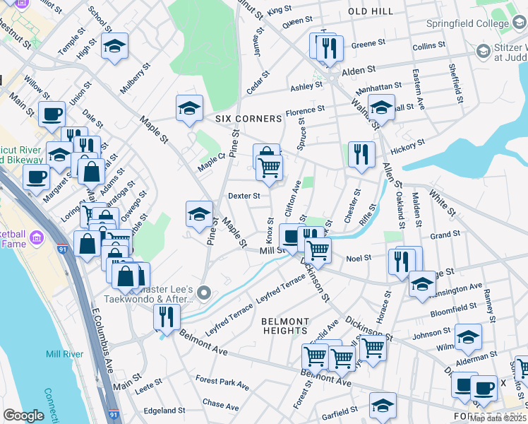 map of restaurants, bars, coffee shops, grocery stores, and more near 55-57 Dexter Street in Springfield