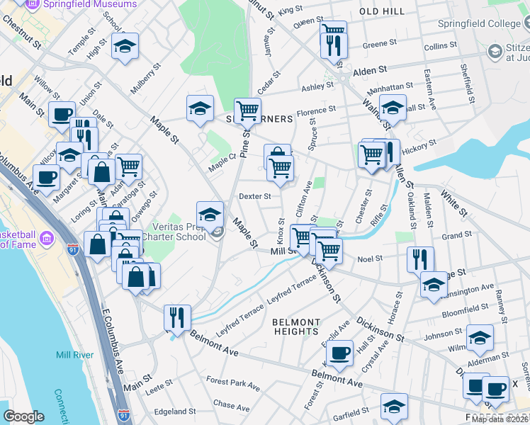 map of restaurants, bars, coffee shops, grocery stores, and more near 55-57 Dexter Street in Springfield