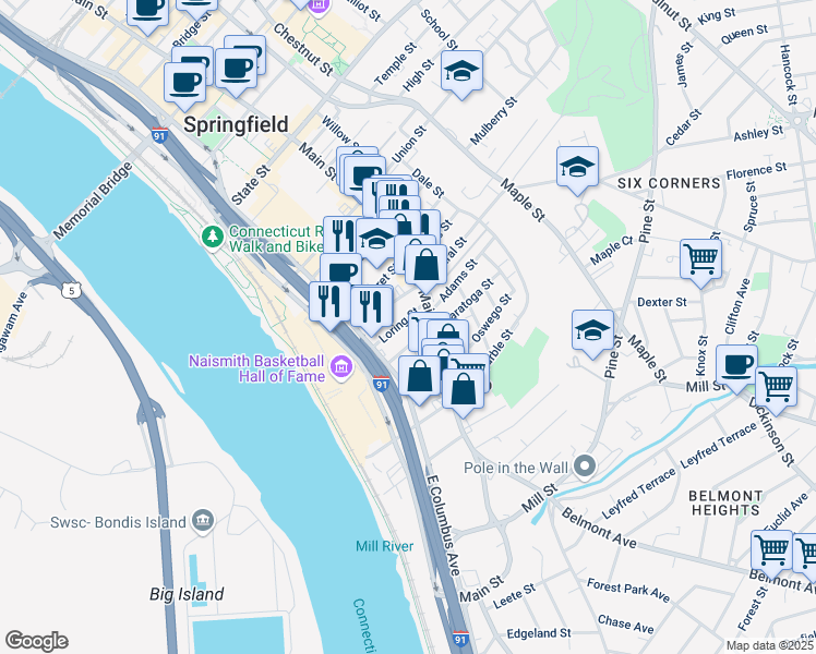 map of restaurants, bars, coffee shops, grocery stores, and more near 744 Main Street in Springfield