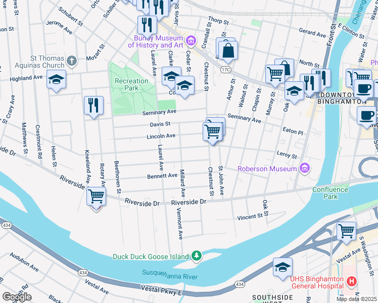 map of restaurants, bars, coffee shops, grocery stores, and more near 86 Leroy Street in Binghamton