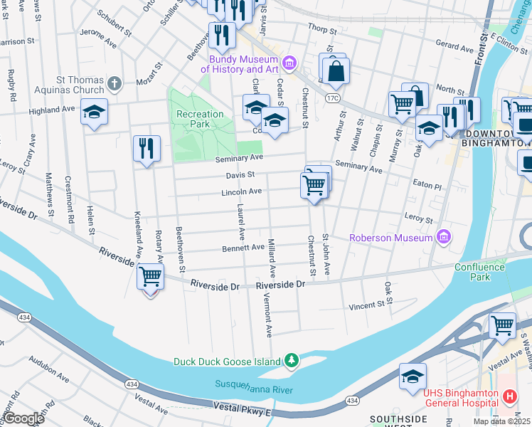 map of restaurants, bars, coffee shops, grocery stores, and more near 102 Leroy Street in Binghamton