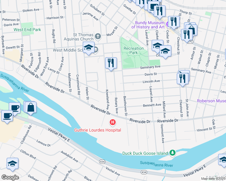 map of restaurants, bars, coffee shops, grocery stores, and more near 45 Rotary Avenue in Binghamton
