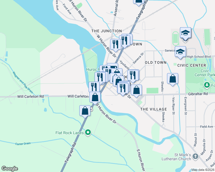 map of restaurants, bars, coffee shops, grocery stores, and more near 28867 Telegraph Road in Flat Rock