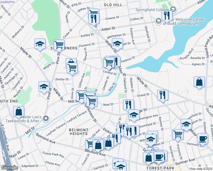 map of restaurants, bars, coffee shops, grocery stores, and more near 27 Chester Street in Springfield