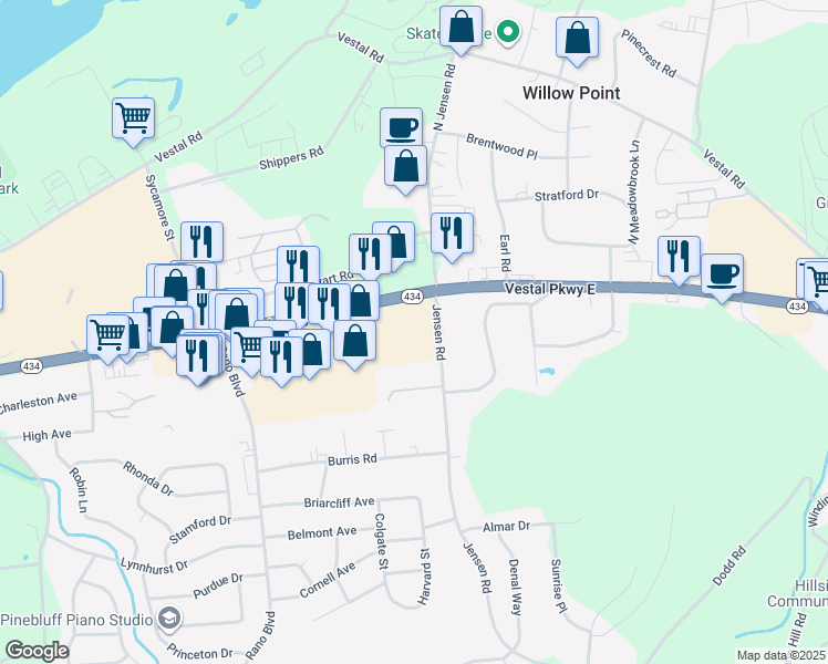 map of restaurants, bars, coffee shops, grocery stores, and more near 3208 Vestal Parkway East in Vestal