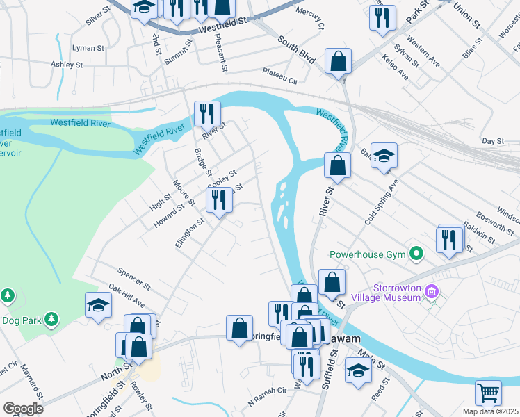 map of restaurants, bars, coffee shops, grocery stores, and more near 130 Walnut Street in Agawam