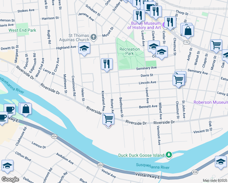 map of restaurants, bars, coffee shops, grocery stores, and more near 150 Leroy Street in Binghamton