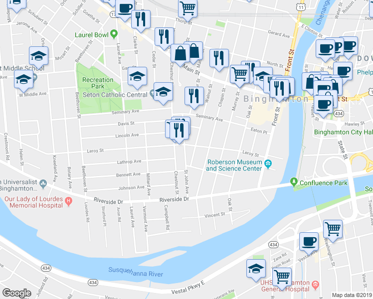 map of restaurants, bars, coffee shops, grocery stores, and more near 48 Saint John Avenue in Binghamton