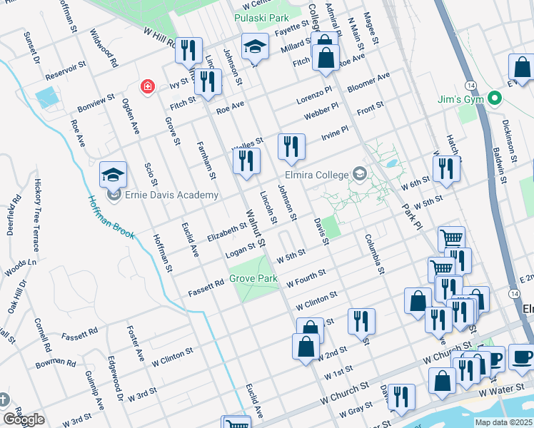 map of restaurants, bars, coffee shops, grocery stores, and more near 811 Lincoln Street in Elmira