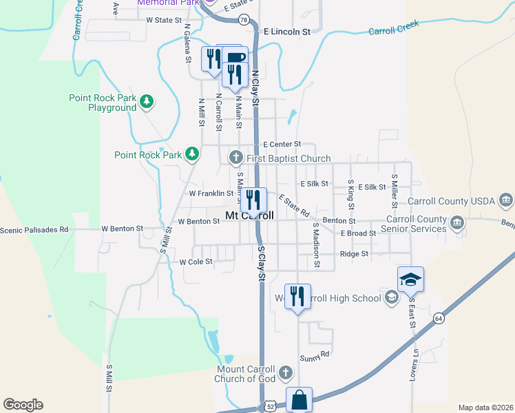 map of restaurants, bars, coffee shops, grocery stores, and more near 310 South Clay Street in Mount Carroll