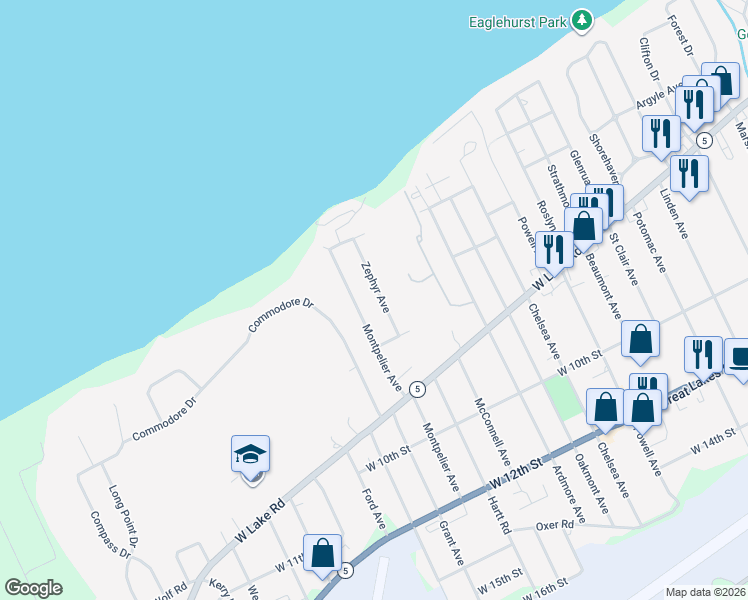 map of restaurants, bars, coffee shops, grocery stores, and more near 521 Zephyr Avenue in Erie