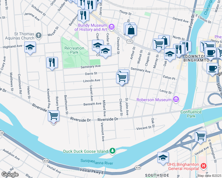 map of restaurants, bars, coffee shops, grocery stores, and more near 83 Leroy Street in Binghamton