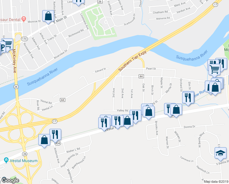 map of restaurants, bars, coffee shops, grocery stores, and more near 350 3rd Avenue in Vestal