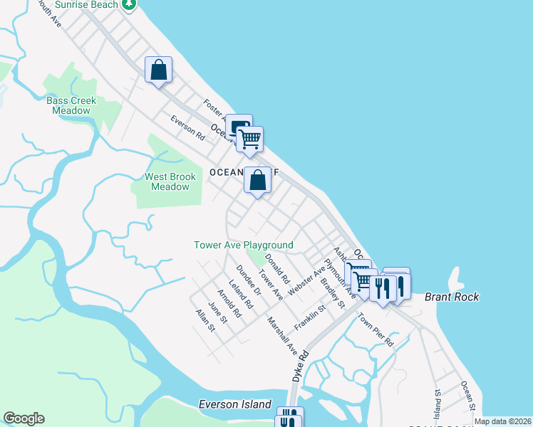 map of restaurants, bars, coffee shops, grocery stores, and more near 185 Plymouth Avenue in Marshfield