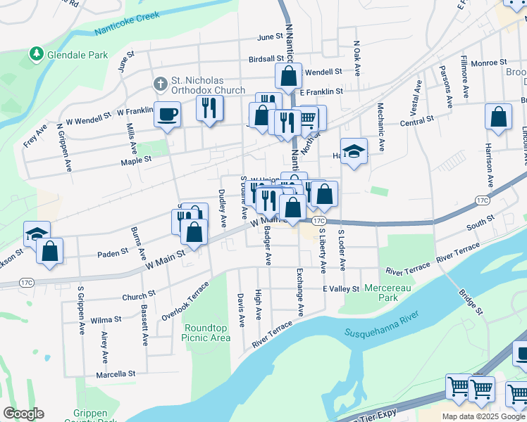map of restaurants, bars, coffee shops, grocery stores, and more near 120 Badger Avenue in Endicott