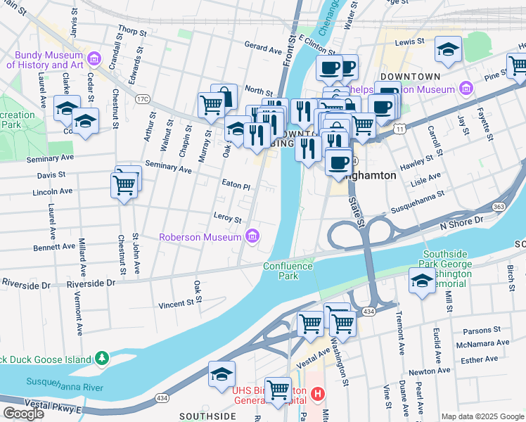 map of restaurants, bars, coffee shops, grocery stores, and more near 62 Front Street in Binghamton