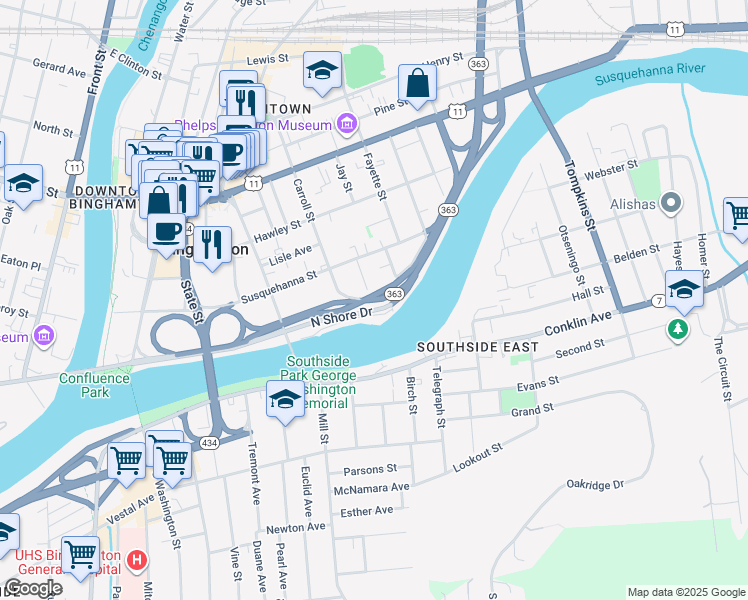 map of restaurants, bars, coffee shops, grocery stores, and more near New York 363 in Binghamton