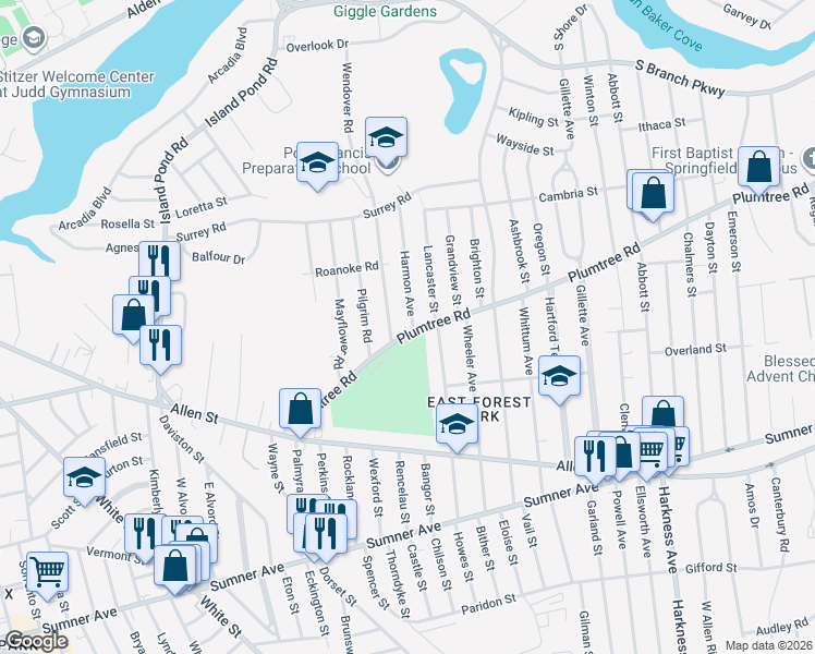 map of restaurants, bars, coffee shops, grocery stores, and more near 31 Old Brook Road in Springfield