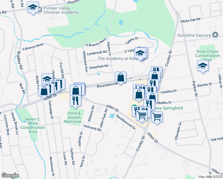 map of restaurants, bars, coffee shops, grocery stores, and more near 215 Bicentennial Highway in Springfield