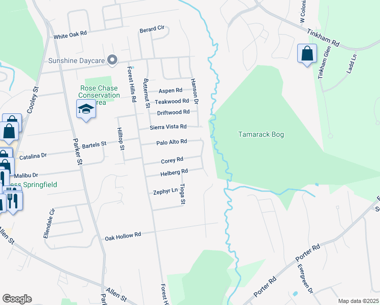 map of restaurants, bars, coffee shops, grocery stores, and more near 131 Palo Alto Road in Springfield