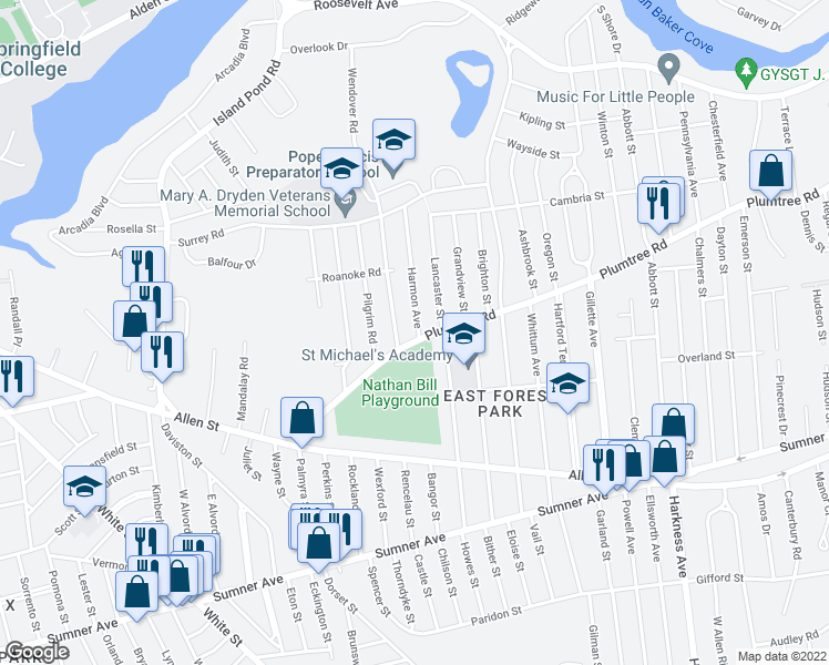 map of restaurants, bars, coffee shops, grocery stores, and more near 31 Old Brook Road in Springfield