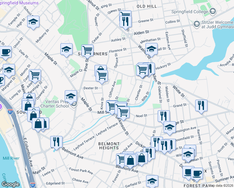 map of restaurants, bars, coffee shops, grocery stores, and more near 50 Cherry Street in Springfield