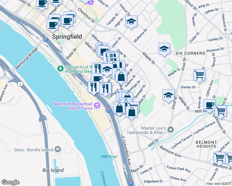 map of restaurants, bars, coffee shops, grocery stores, and more near 744 Main Street in Springfield