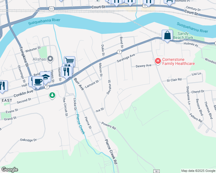map of restaurants, bars, coffee shops, grocery stores, and more near 23 Macon Street in Binghamton