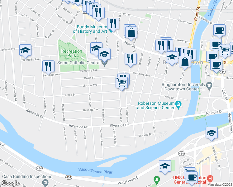 map of restaurants, bars, coffee shops, grocery stores, and more near 45 Chestnut Street in Binghamton