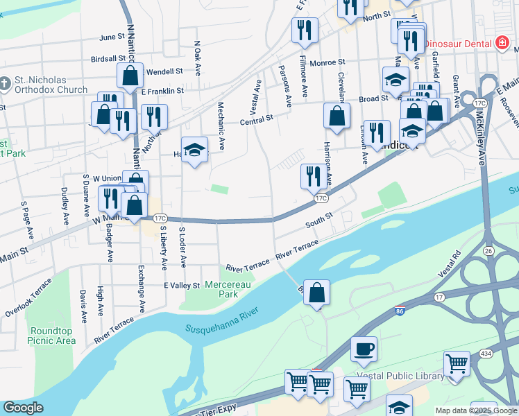 map of restaurants, bars, coffee shops, grocery stores, and more near 232 Vestal Avenue in Endicott