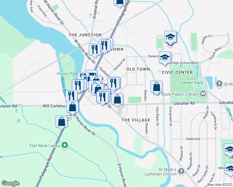map of restaurants, bars, coffee shops, grocery stores, and more near 26110 Ypsilanti Street in Flat Rock