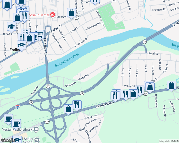 map of restaurants, bars, coffee shops, grocery stores, and more near 939 Vestal Rd in Vestal
