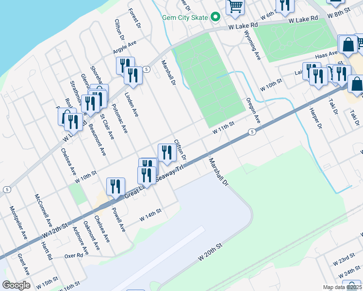 map of restaurants, bars, coffee shops, grocery stores, and more near 1029 Clifton Drive in Erie