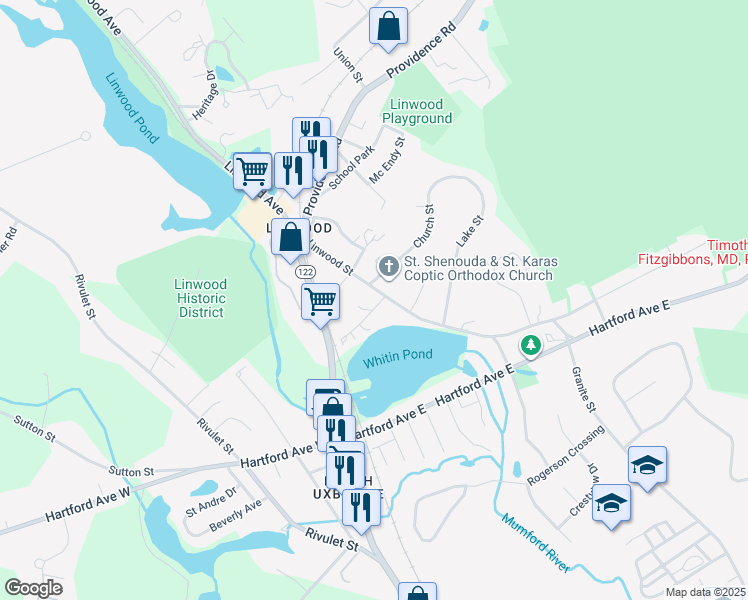 map of restaurants, bars, coffee shops, grocery stores, and more near 122 Linwood Street in Uxbridge