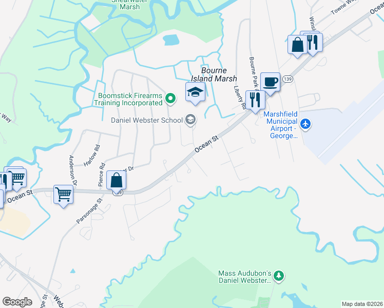 map of restaurants, bars, coffee shops, grocery stores, and more near 1456 Ocean Street in Marshfield