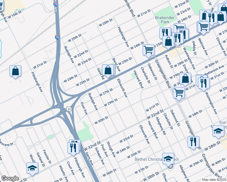 map of restaurants, bars, coffee shops, grocery stores, and more near 1801-1821 W 27th St in Erie