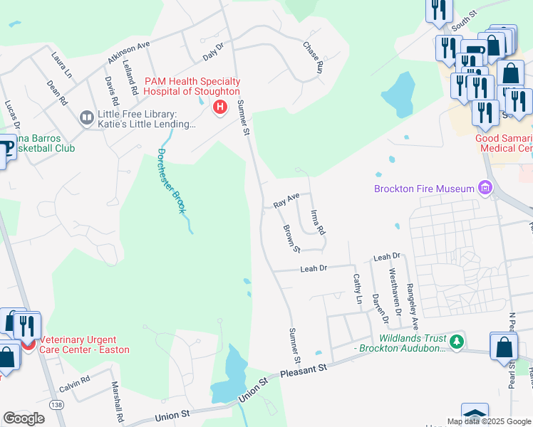 map of restaurants, bars, coffee shops, grocery stores, and more near 215 Sumner Street in Brockton