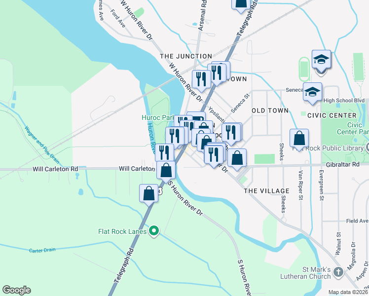 map of restaurants, bars, coffee shops, grocery stores, and more near 28865 Telegraph Road in Flat Rock