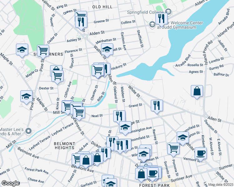 map of restaurants, bars, coffee shops, grocery stores, and more near 20-22 Malden Street in Springfield