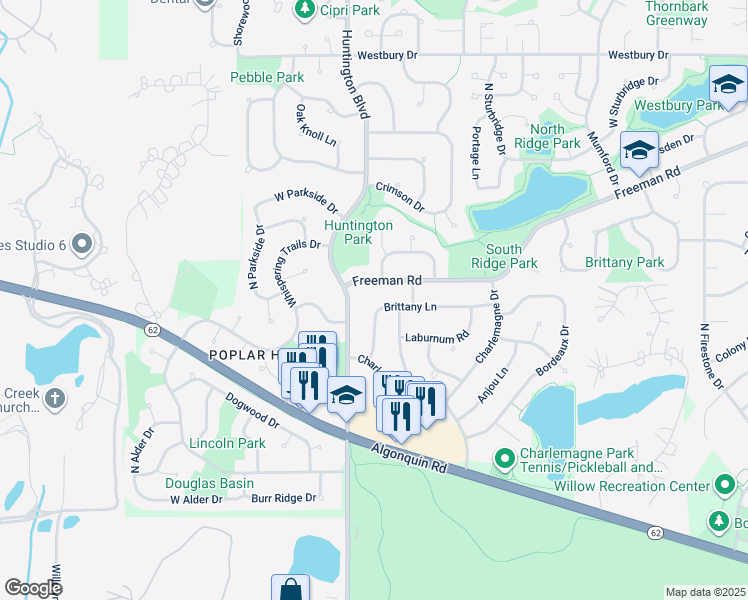 map of restaurants, bars, coffee shops, grocery stores, and more near 1665 Freeman Road in Hoffman Estates